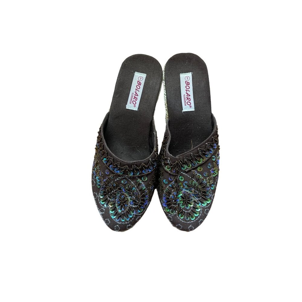 Bolaro Brown Beaded Sequin Espadrille Wedge Mules Sandals Womens 7‎ Boho Summer